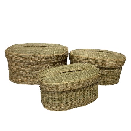 SIFNOS OVAL ΚΟΥΤΙ ΜΕ ΚΑΠΑΚΙ SET 3ΤΜΧ SEAGRASS ΦΥΣΙΚΟ 30x20xH15cm