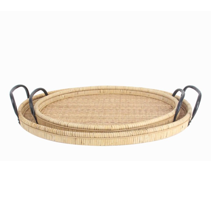 KAMIRA ΔΙΣΚΟΣ SET 2ΤΜΧ RATTAN PLYWOOD ΦΥΣΙΚΟ ΜΑΥΡΟ 62x39xH9,5cm