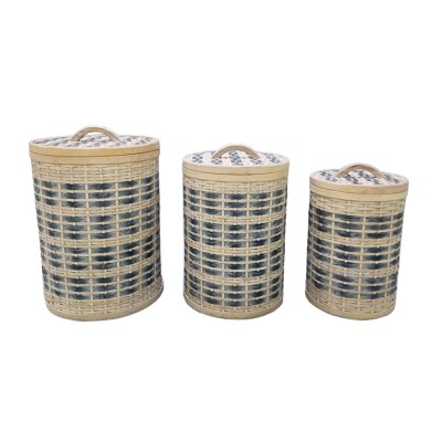 TELENDOS ΚΑΛΑΘΙ ΜΕ ΚΑΠΑΚΙ SET 3ΤΜΧ 36x36x52 ΞΥΛΟ ΕΛΑΤΟΥ WHITE WASHED ΜΠΛΕ ΥΦΑΣΜΑ