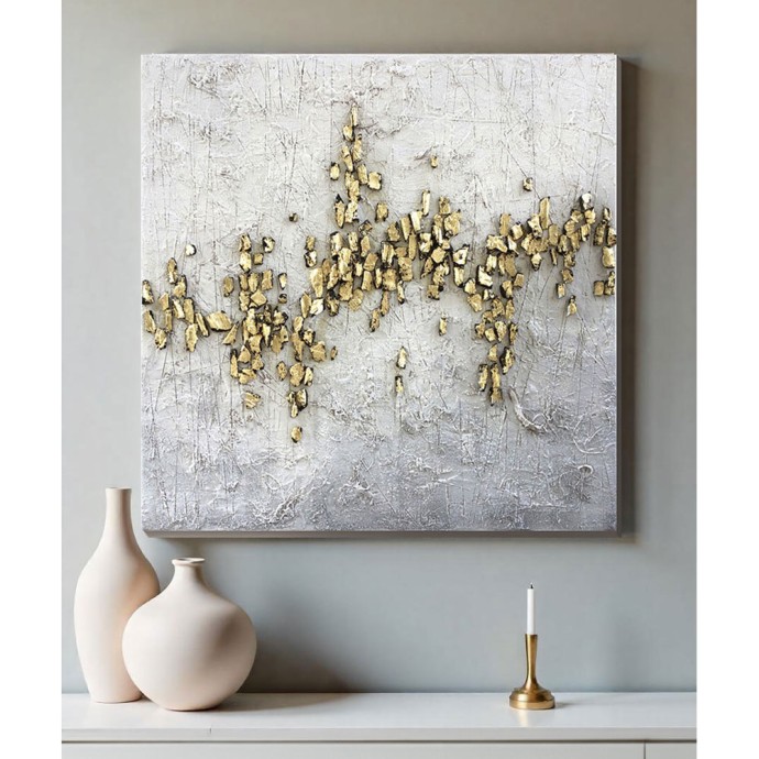 GOLD TRAIL ΠΙΝΑΚΑΣ ΔΙΑΚΟΣΜΗΣΗΣ 100x100x4 OIL ACRYLIC ΛΕΥΚΟ ΓΚΡΙ ΧΡΥΣΟ ΚΑΜΒΑΣ