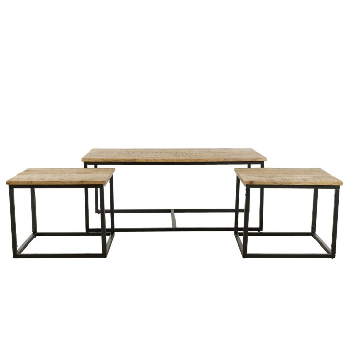 QUADRO COFFEE TABLE SET 3ΤΕΜ ΦΥΣΙΚΟ ROUGH ΜΑΥΡΟ 110x60xH45cm