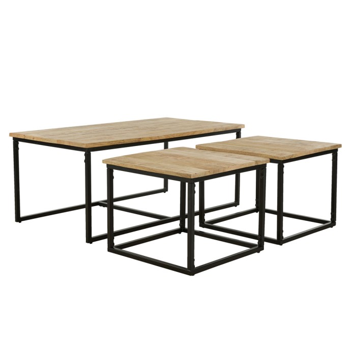 QUADRO COFFEE TABLE SET 3ΤΕΜ ΦΥΣΙΚΟ ROUGH ΜΑΥΡΟ 110x60xH45cm