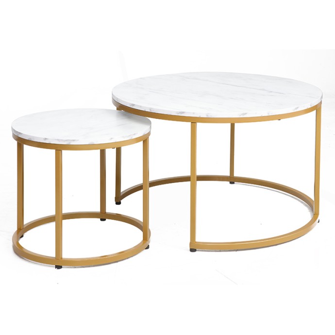 SEVERIN  COFFEE TABLE SET 2ΤΕΜ D80-48xΗ48-42cm ΛΕΥΚΟ ΜΑΡΜΑΡΟ|ΧΡΥΣΟ