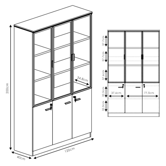 OSCAR ΒΙΒΛΙΟΘΗΚΗ ΓΡΑΦΕΙΟΥ ΜΕ ΓΥΑΛΙΝΕΣ ΠΟΡΤΕΣ 120x40x200cm ΚΑΡΥΔΙ-ΑΝΘΡΑΚΙ 