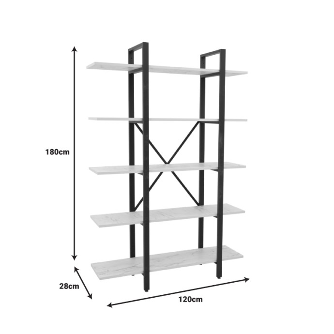 ESTHON ΒΙΒΛΙΟΘΗΚΗ 120X28X180ΕΚ ΜΕΛΑΜΙΝΗ ΣΕ ΛΕΥΚΟ ΜΑΡΜΑΡΟΥ ΚΑΙ ΜΑΥΡΟ ΜΕΤΑΛΛΟ 