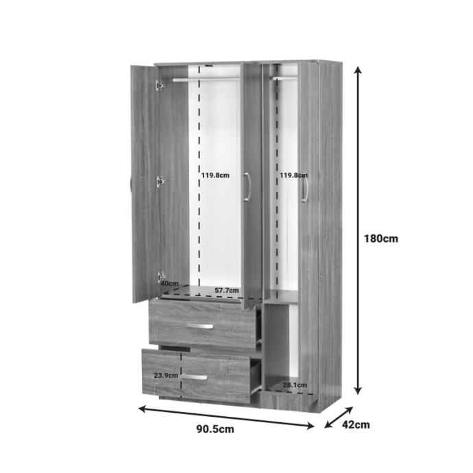 ZELIA ΝΤΟΥΛΑΠΑ ΡΟΥΧΩΝ ΤΡΙΦΥΛΛΗ 90X42X180ΕΚ ΜΕ 2 ΣΥΡΤΑΡΙΑ ΚΑΡΥΔΙ 