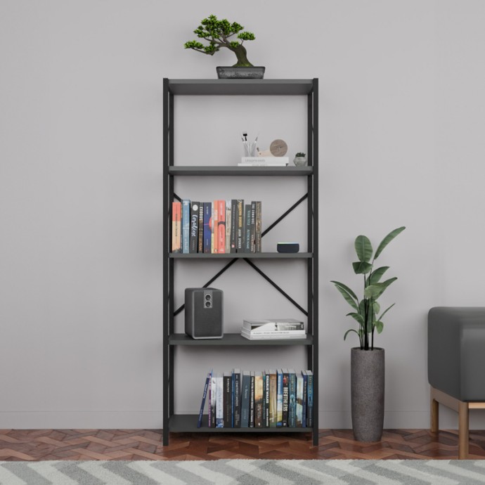 ΒΙΒΛΙΟΘΗΚΗ DRAIZY 60x30x150εκ ΑΝΘΡΑΚΙ ΜΕΛΑΜΙΝΗΣ-ΜΑΥΡΟ ΜΕΤΑΛΛΟ 
