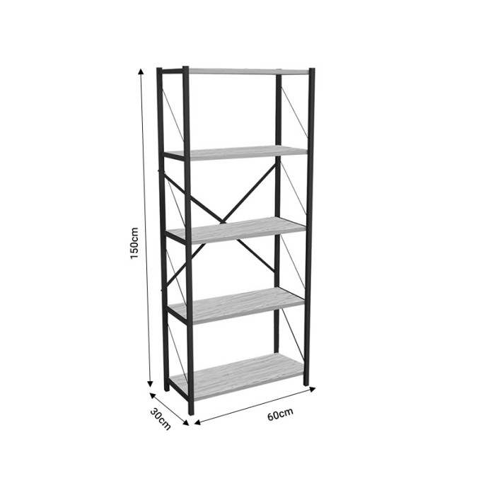 ΒΙΒΛΙΟΘΗΚΗ DRAIZY 60x30x150εκ ΑΝΘΡΑΚΙ ΜΕΛΑΜΙΝΗΣ-ΜΑΥΡΟ ΜΕΤΑΛΛΟ 
