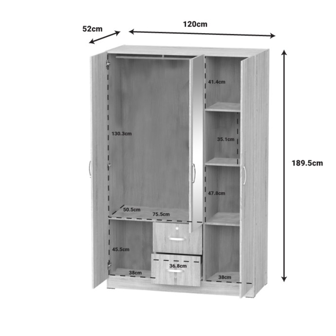 DILLION ΝΤΟΥΛΑΠΑ ΡΟΥΧΩΝ ΤΡΙΦΥΛΛΗ 120x52x190εκ ΜΕΛΑΜΙΝΗ ΛΕΥΚΟ 