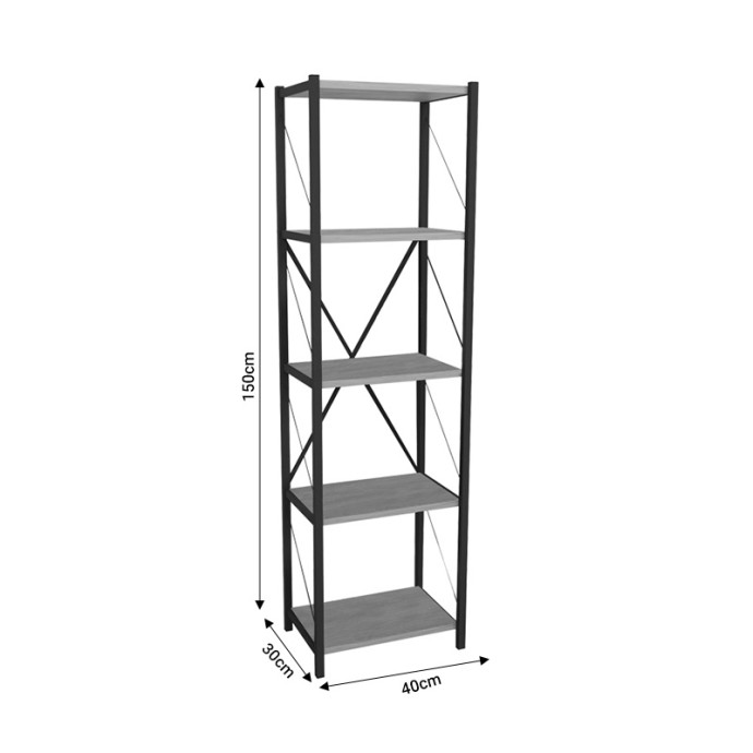 ΒΙΒΛΙΟΘΗΚΗ GLASE 40x30x150εκ OAK ΜΕΛΑΜΙΝΗΣ-ΜΑΥΡΟ ΜΕΤΑΛΛΟ 