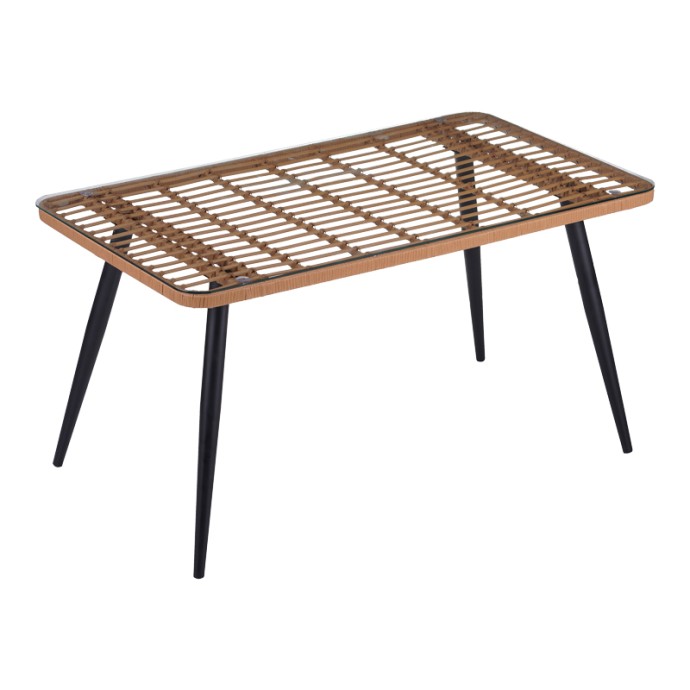 NAOKI ΤΡΑΠΕΖΙ ΓΥΑΛΙΝΟ- PE RATTAN 140X80X78ΕΚ ΦΥΣΙΚΗ ΑΠΟΧΡΩΣΗ ΜΕ ΜΑΥΡΑ ΠΟΔΙΑ 