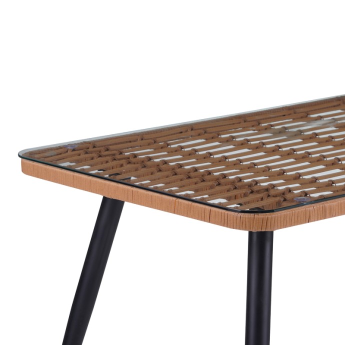 NAOKI ΤΡΑΠΕΖΙ ΓΥΑΛΙΝΟ- PE RATTAN 140X80X78ΕΚ ΦΥΣΙΚΗ ΑΠΟΧΡΩΣΗ ΜΕ ΜΑΥΡΑ ΠΟΔΙΑ 