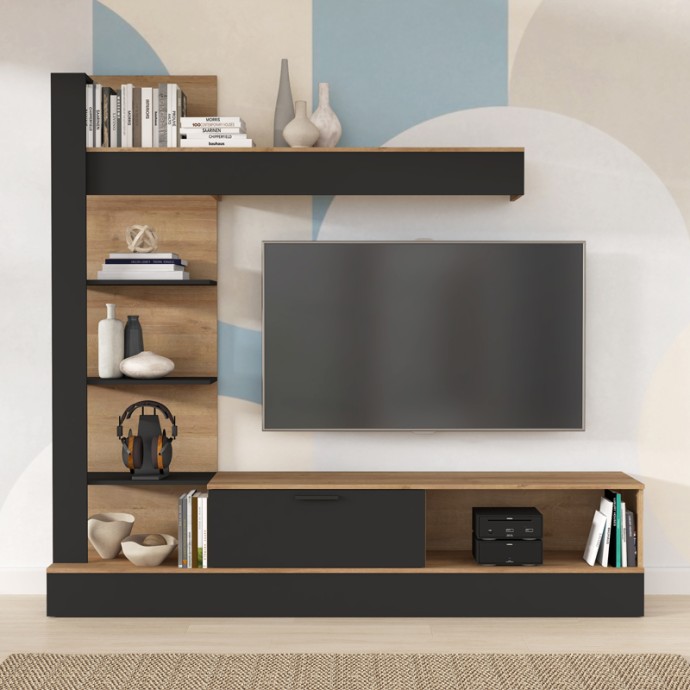 DRANKO ΣΥΝΘΕΤΟ ΣΑΛΟΝΙΟΥ ΜΑΥΡΟ-OAK ΜΕΛΑΜΙΝΗΣ 205x41.5x192cm
