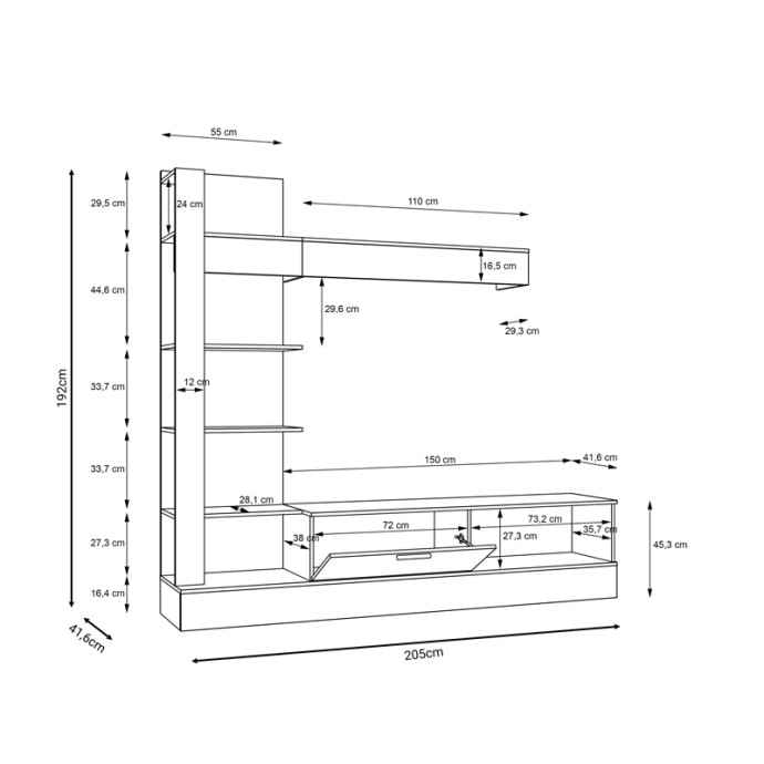 DRANKO ΣΥΝΘΕΤΟ ΣΑΛΟΝΙΟΥ ΜΑΥΡΟ-OAK ΜΕΛΑΜΙΝΗΣ 205x41.5x192cm