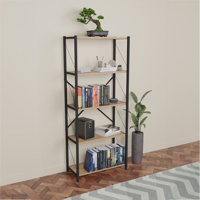 DRAIZY ΒΙΒΛΙΟΘΗΚΗ OAK ΜΕΛΑΜΙΝΗΣ-ΜΑΥΡΟ ΜΕΤΑΛΛΟ 63x30x150cm