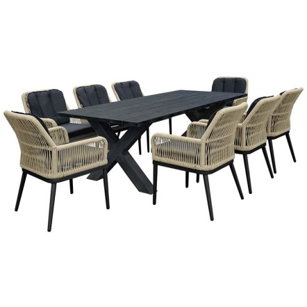 ALLEY SET ΤΡΑΠΕΖΑΡΙΑ ALU ΑΝΘΡΑΚΙ-ROPE ΦΥΣΙΚΟ ΤΡΑΠΕΖΙ 220X94 + 8 ΠΟΛΥΘΡΟΝΕΣ ΜΕ ΜΑΞΙΛΑΡΙ