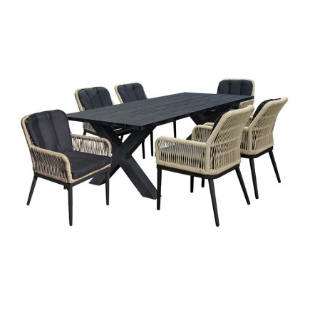 ALLEY SET ΤΡΑΠΕΖΑΡΙΑ ALU ΑΝΘΡΑΚΙ-ROPE ΦΥΣΙΚΟ ΤΡΑΠΕΖΙ 180X94 + 6 ΠΟΛΥΘΡΟΝΕΣ ΜΕ ΜΑΞΙΛΑΡΙ