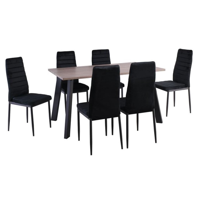 JETTA-BAXTER ΤΡΑΠΕΖΑΡΙΑ ΜΕΤΑΛΛΟ ΒΑΦΗ ΜΑΥΡΟ ΤΡΑΠΕΖΙ SONOMA OAK + 6 ΚΑΡΕΚΛΕΣ VELURE ΜΑΥΡΟ