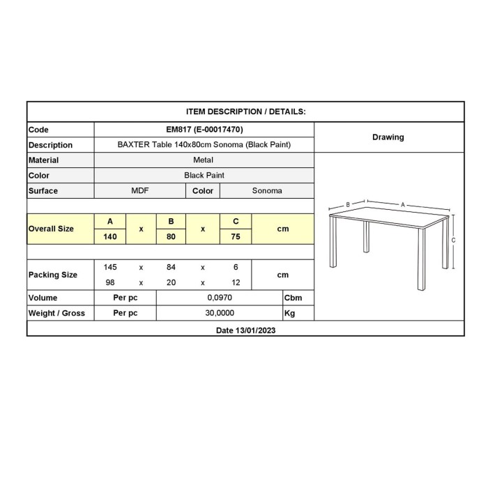 BAXTER ΤΡΑΠΕΖΙ ΚΟΥΖΙΝΑΣ ΤΡΑΠΕΖΑΡΙΑΣ 140x80x75Υcm ΜΕΤΑΛΛΟ ΒΑΦΗ ΜΑΥΡΟ/SONOMA