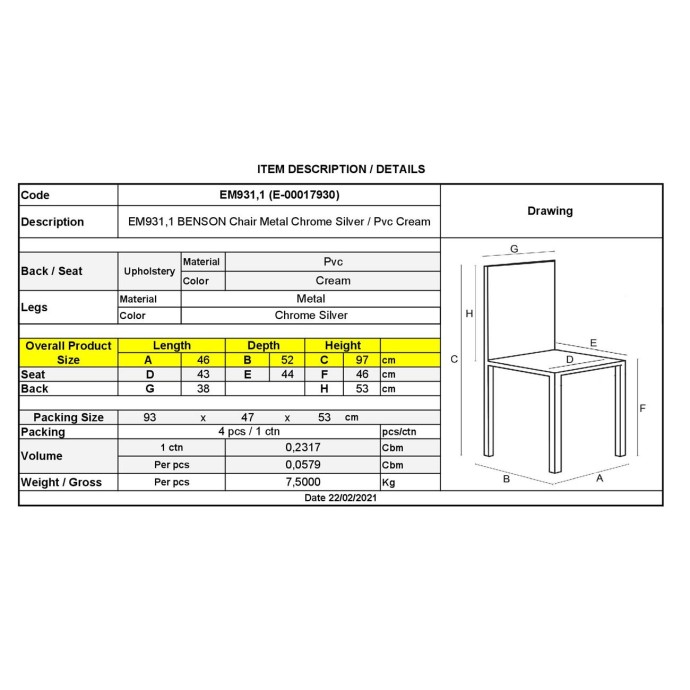 BENSON ΚΑΡΕΚΛΑ 46X52X97CM ΜΕΤΑΛΛΟ ΧΡΩΜΙΟ, PVC CREAM