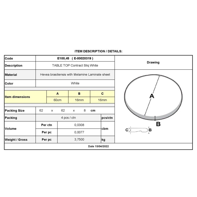 CONTRACT SLIQ NORMAL ΕΠΙΦΑΝΕΙΑ ΤΡΑΠΕΖΙΟΥ Φ60cm/16mm Τ.WERZALIT, ΑΠΟΧΡΩΣΗ ΑΣΠΡΟ