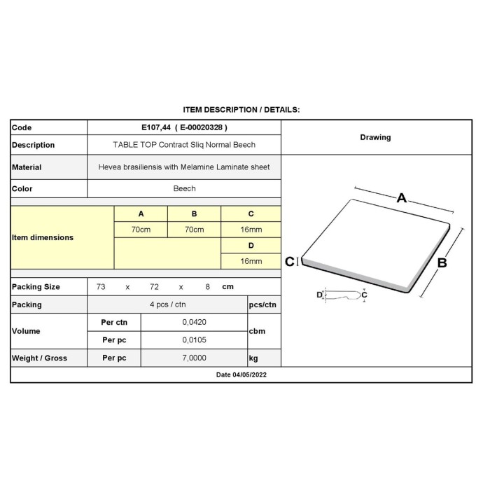 CONTRACT SLIQ NORMAL ΕΠΙΦΑΝΕΙΑ ΤΡΑΠΕΖΙΟΥ 70x70cm/16mm Τ.WERZALIT, ΑΠΟΧΡΩΣΗ BEECH