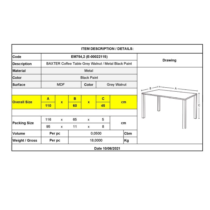 BAXTER ΤΡΑΠΕΖΑΚΙ ΣΑΛΟΝΙΟΥ ΚΑΘΙΣΤΙΚΟΥ 110x60x45Υcm ΜΕΤΑΛΛΟ ΒΑΦΗ ΜΑΥΡΟ GREY WALNUT