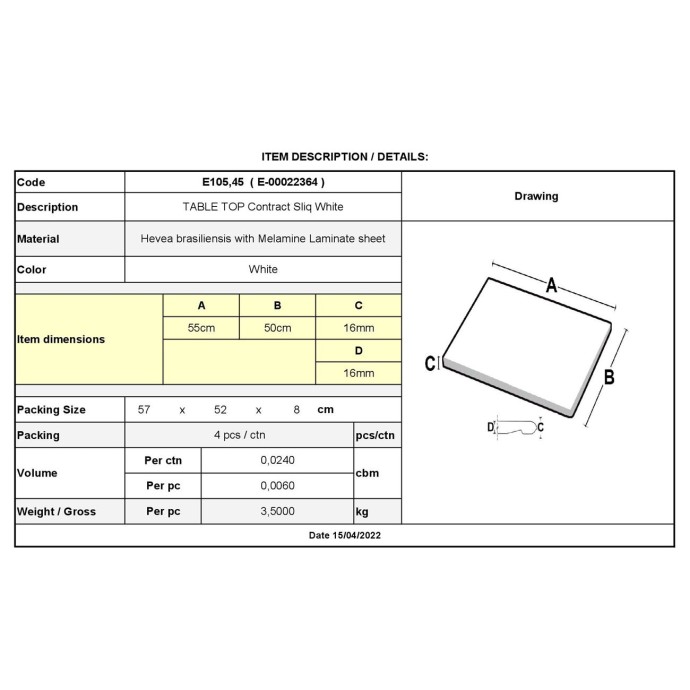 CONTRACT SLIQ NORMAL ΕΠΙΦΑΝΕΙΑ ΤΡΑΠΕΖΙΟΥ 50x55cm/16mm Τ.WERZALIT, ΑΠΟΧΡΩΣΗ ΑΣΠΡΟ