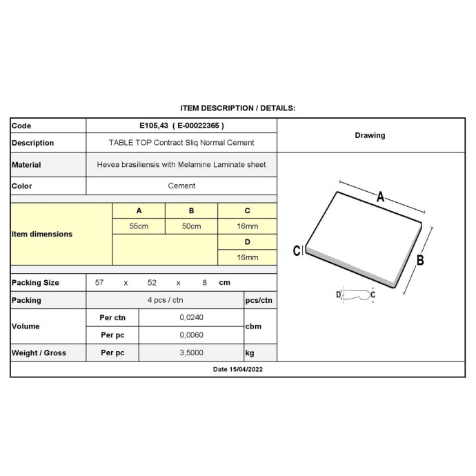 CONTRACT SLIQ NORMAL ΕΠΙΦΑΝΕΙΑ ΤΡΑΠΕΖΙΟΥ 50x55cm/16mm Τ.WERZALIT, ΑΠΟΧΡΩΣΗ CEMENT