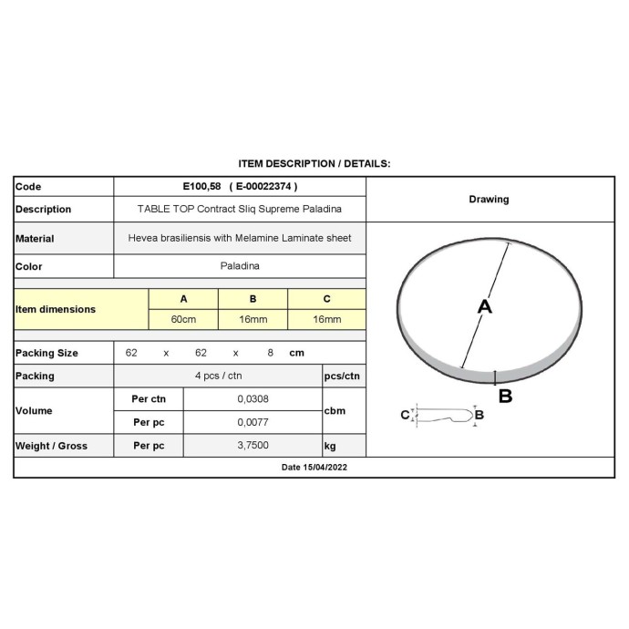 CONTRACT SLIQ SMOOTH SUPREME ΕΠΙΦΑΝΕΙΑ ΤΡΑΠΕΖΙΟΥ Φ60cm/16mm Τ.WERZALIT ΑΠΟΧΡΩΣΗ PALADINA