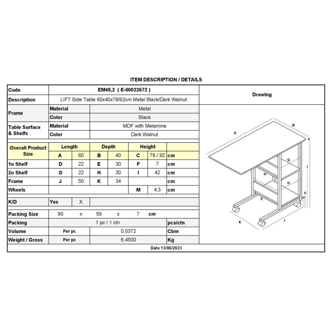 LIFT ΒΟΗΘΗΤΙΚΟ ΤΡΑΠΕΖΑΚΙ ΜΕΤΑΛΛΟ ΒΑΦΗ ΜΑΥΡΟ, MELAMINE ΑΠΟΧΡΩΣΗ ΣΚΟΥΡΟ ΚΑΡΥΔΙ