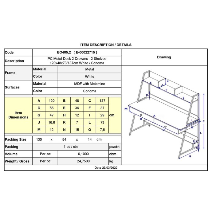 ΓΡΑΦΕΙΟ Η/Υ ΜΕ 2 ΣΥΡΤΑΡΙΑ 2 ΡΑΦΙΑ 120x48x73/137cm ΜΕΤΑΛΛΟ ΒΑΦΗ ΑΣΠΡΟ, MDF - MELAMINE  ΑΠΟΧΡΩΣΗ SONOMA