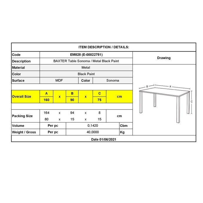 BAXTER ΤΡΑΠΕΖΙ ΚΟΥΖΙΝΑΣ ΤΡΑΠΕΖΑΡΙΑΣ 160x90x75Ycm ΜΕΤΑΛΛΟ ΒΑΦΗ ΜΑΥΡΟ/SONOMA