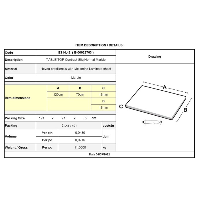 CONTRACT SLIQ NORMAL ΕΠΙΦΑΝΕΙΑ ΤΡΑΠΕΖΙΟΥ 70x120cm/16mm Τ.WERZALIT, ΑΠΟΧΡΩΣΗ MARBLE