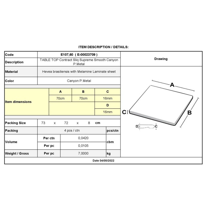 CONTRACT SLIQ SMOOTH SUPREME ΕΠΙΦΑΝΕΙΑ ΤΡΑΠΕΖΙΟΥ 70x70cm/16mm Τ.WERZALIT ΑΠΟΧΡΩΣΗ CANYON P.METAL