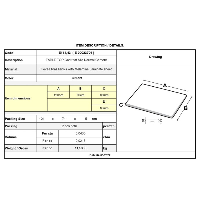 CONTRACT SLIQ NORMAL ΕΠΙΦΑΝΕΙΑ ΤΡΑΠΕΖΙΟΥ 70x120cm/16mm Τ.WERZALIT, ΑΠΟΧΡΩΣΗ CEMENT