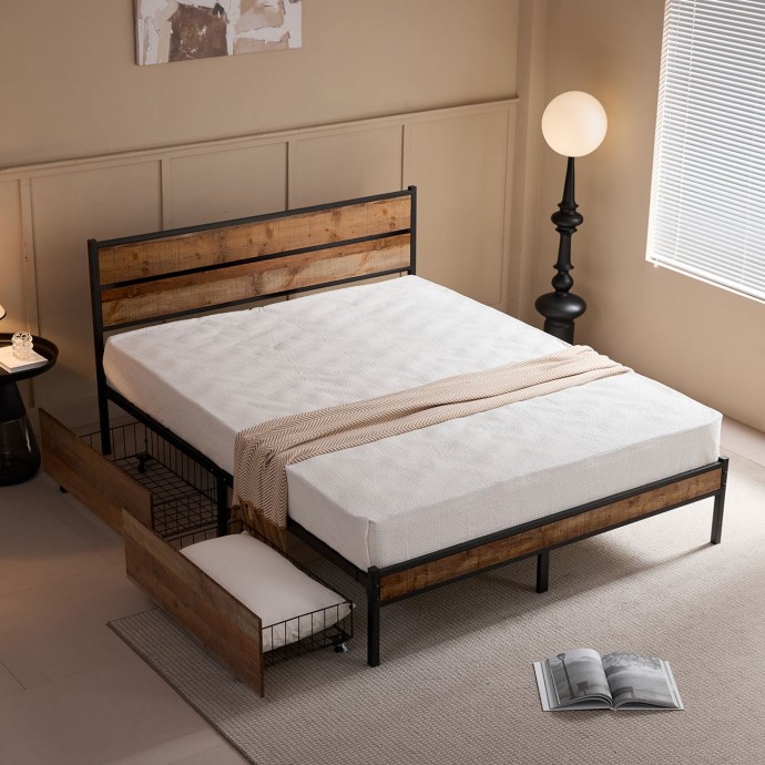 PALLET ΚΡΕΒΑΤΙ ΔΙΠΛΟ 162X207X95CM (ΓΙΑ ΣΤΡΩΜΑ 160X200CM) ΜΕ ΣΥΡΤΑΡΙΑΜΕΤΑΛΛΟ ΒΑΦΗ ΜΑΥΡΟ, ANTIQUE OAK